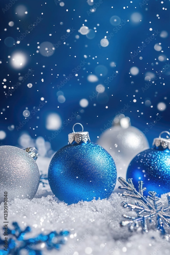Blue Christmas baubles shining against snow-covered ground, evoking the warmth and festivity of the holiday season. Blue Christmas baubles shining against snow-covered ground, evoking the warmth and festivity of the holiday season.
