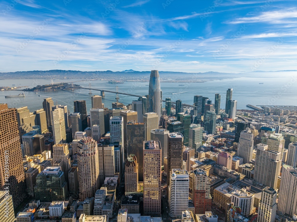 Aerial view of Downtown district of San Francisco skyline on a sunny day, California. Aerial view of Downtown district of San Francisco skyline on a sunny day, California.