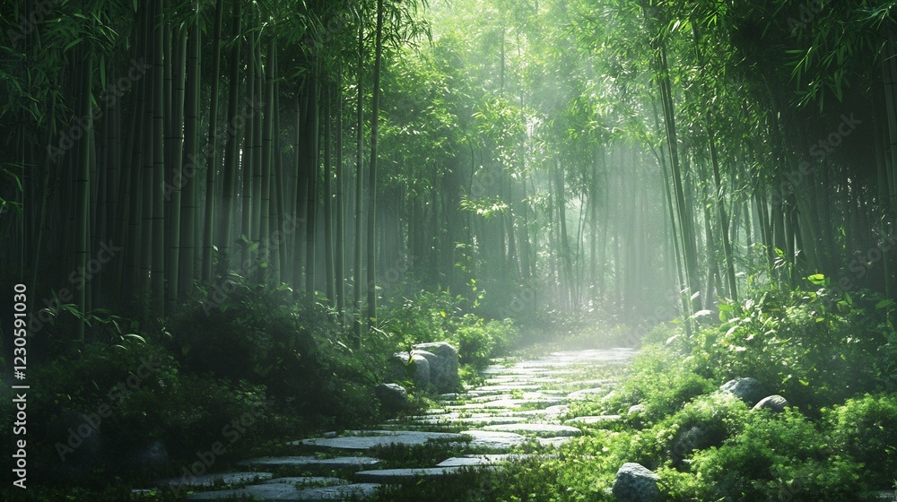 Obraz premium Serene Bamboo Forest Path: A Mystical, Sunlit Stone Walkway
