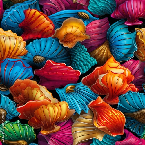 marine life such as fish, seashells, starfish, and coral. Bright colors, playful and whimsical design, suitable for fabric or wallpaper photo