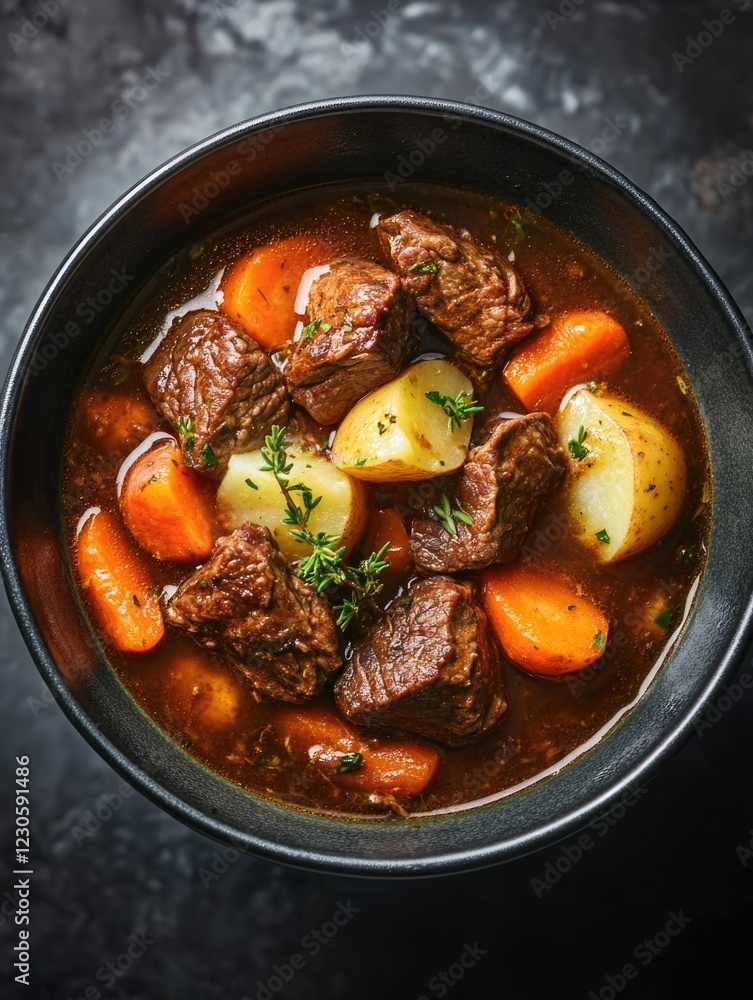 A bowl of beef and potato stew, simmering with carrots and herbs. A comfort food classic, this hearty dish is rich in flavors and nutrients. A bowl of beef and potato stew, simmering with carrots and herbs. A comfort food classic, this hearty dish is rich in flavors and nutrients.