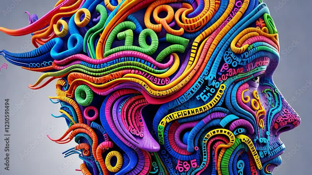Vibrant Abstract Human Face with Intricate Colorful Patterns and Swirling 3D Elements in a Digital Artwork

