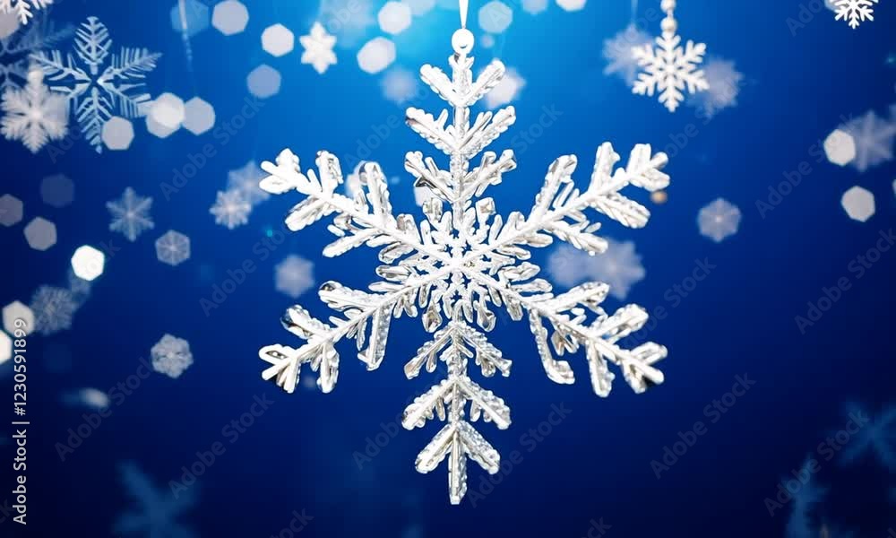 Close up of a glittering snowflake ornament on a blue background, symbolizing winter and Christmas Close up of a glittering snowflake ornament on a blue background, symbolizing winter and Christmas