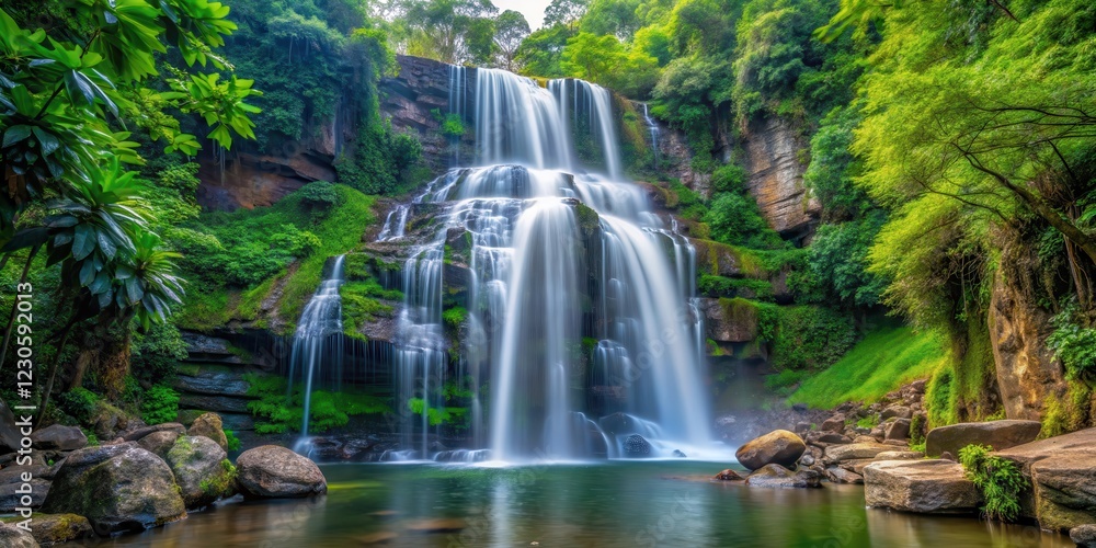 Fototapeta premium waterfall cascading down a rocky cliff amidst dense foliage, mountain, beautiful, mountain, beautiful, canyon