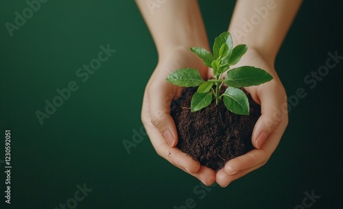 Hands holding a small plant with soil against a dark green background