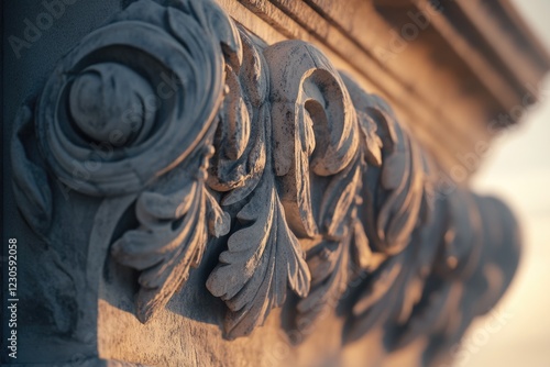 Intricate stone carving with acanthus leaf motifs, bathed in warm sunset light. photo