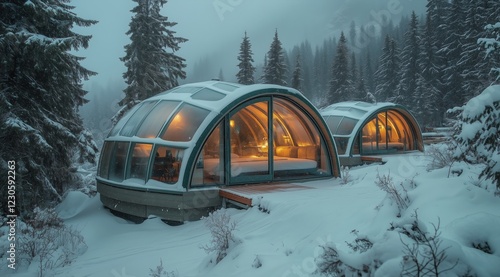 Cozy glass cabins nestled in a snowy forest during twilight in a winter wonde...