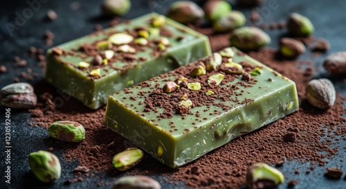 Delicious green pistachio chocolate bars with cocoa and nuts on a dark surface