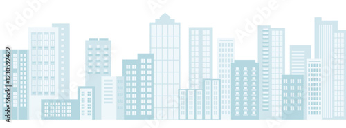 Cityscape seamless border. City buildings, urban landscape background. Modern architectural panorama in flat style.