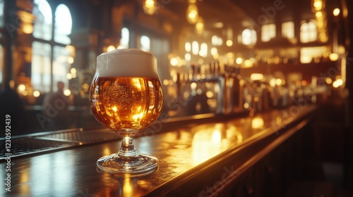 Lively bar setting with golden beer glistening under warm lights in the evening
