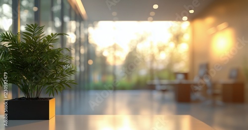 Indoor office space with plant in foreground and warm sunset light illuminati...