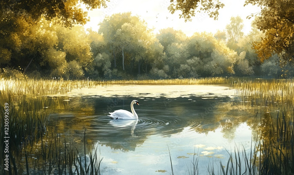 Fototapeta premium Serene swan gracefully glides across a tranquil lake, nestled within a sun-drenched forest.