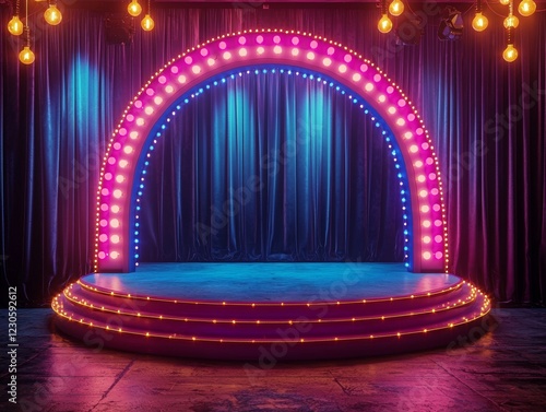 A background featuring a blue curtain, a podium, and a retro arch banner, perfect for presentations, concerts, or shows.