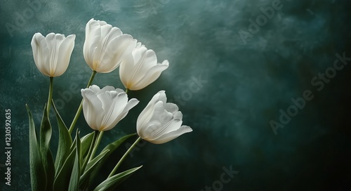 White tulips arranged gracefully against a dark green background for a tranqu...