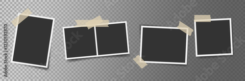 Various Photo frames with adhesive tape on transparent background. Fixed Blank photo cards template. Great for creative design, photo collage presentation, social media