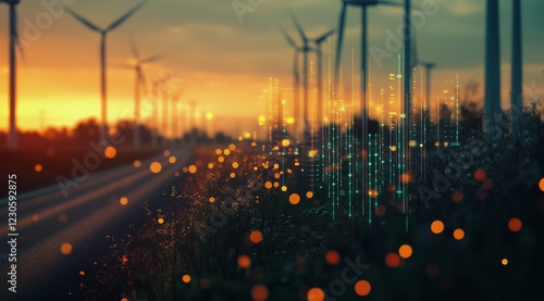 Wind turbines line the road during sunset, enhancing the landscape with golde...