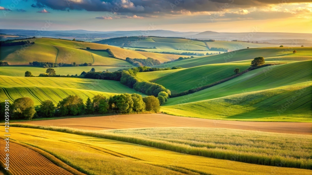 Obraz premium Rolling hills of golden wheat and green crops stretching as far as the eye can see from above , countryside
