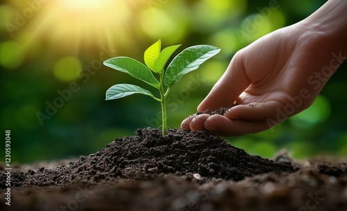 Planting a young sapling in rich soil during a sunny day in a lush garden