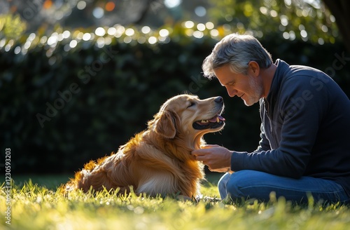 Man enjoying playful moment with golden retriever in sunny garden during late...