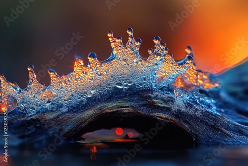 Frozen water droplets form a crown-like structure on a log at sunset, reflecting warm hues. photo