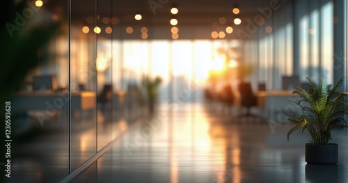 Bright sunset illuminating an office space with greenery and modern design el...