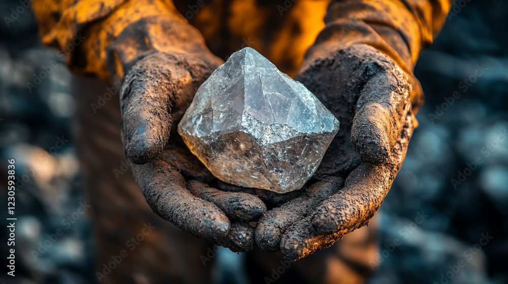 A miner's hand holding a raw diamond, symbolizing the raw beauty and value of diamonds, extracted from the earth in a minimalistic, bright light tone with modern blurred background A miner's hand holding a raw diamond, symbolizing the raw beauty and value of diamonds, extracted from the earth in a minimalistic, bright light tone with modern blurred background
