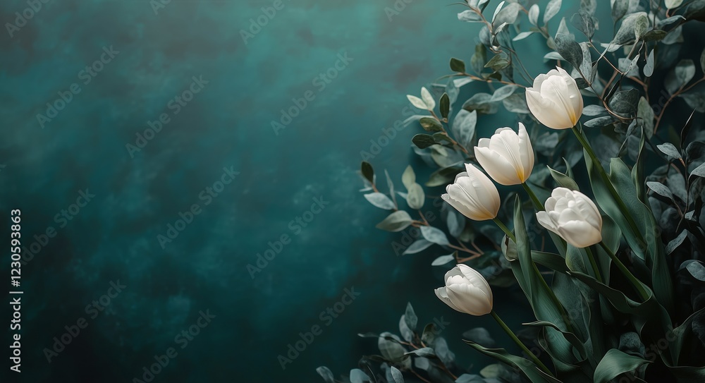 Naklejka premium Elegant white tulips amidst green foliage in a serene arrangement