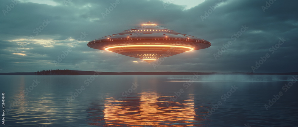 A UFO saucer with rotating lights on the edges hov_006 A UFO saucer with rotating lights on the edges hov_006