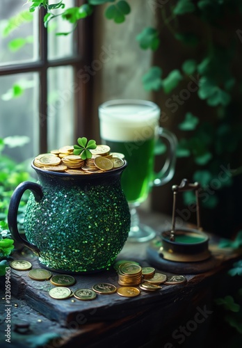 Celebrating Saint Patrick's Day with a pot of green coins and refreshing beve...