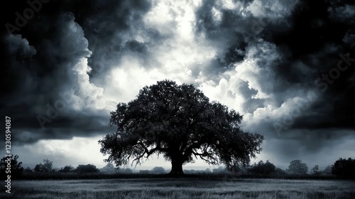 Lone oak tree in stormy field, dramatic sky