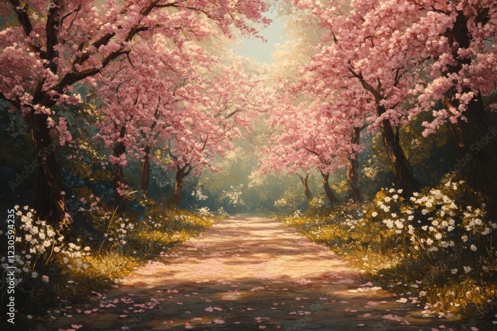 Path through a park surrounded by blooming cherry trees under a sunny sky in spring Path through a park surrounded by blooming cherry trees under a sunny sky in spring