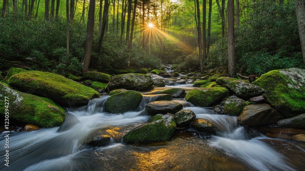 Sunlit Stream Flows Through Mossy Rocks and Trees Sunlit Stream Flows Through Mossy Rocks and Trees