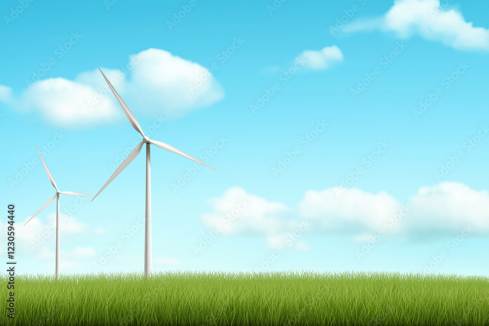 Wind turbines generate renewable energy on a clear sunny day in a green landscape Wind turbines generate renewable energy on a clear sunny day in a green landscape