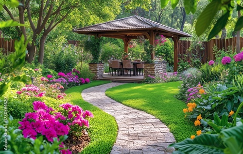 Beautiful garden pathway leading to a cozy gazebo surrounded by vibrant flowe...