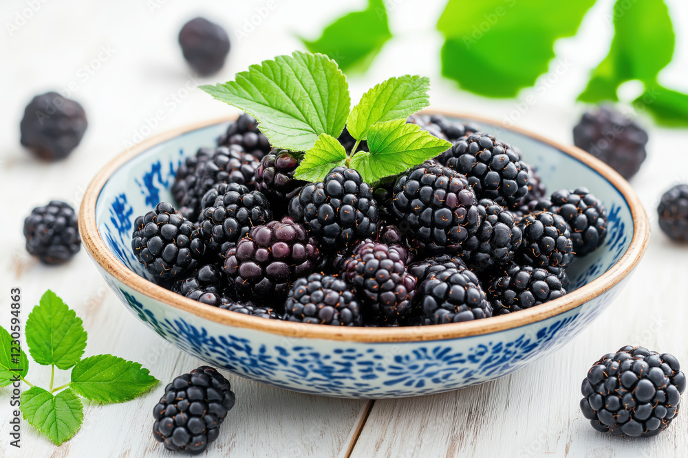 Blackberries in a Blue Patterned Bowl on Wooden Table. Blackberries in a Blue Patterned Bowl on Wooden Table.