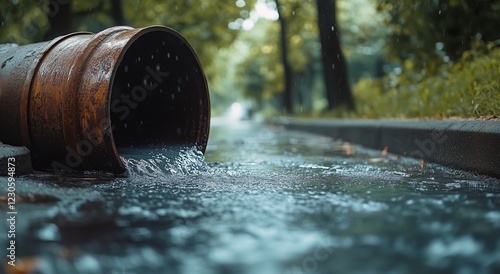 Rainwater flows from rusty pipe into puddle along park path surrounded by gre...
