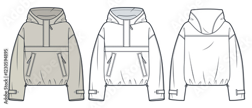 Beige Anorak Hoodie with Pockets and Half-Zip  technical fashion Illustration. Raincoat fashion flat technical drawing template, drawstring, front, back view, white, women, men, unisex CAD mockup set.