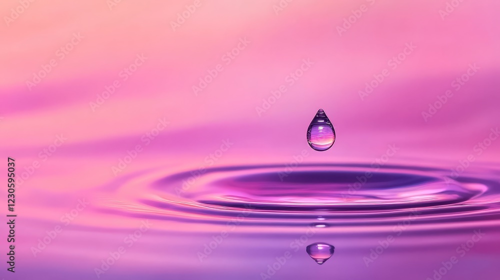 A single water droplet suspended above a colorful ripple surface, creating mesmerizing reflections A single water droplet suspended above a colorful ripple surface, creating mesmerizing reflections
