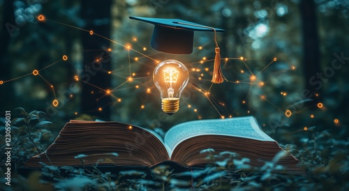 Graduation cap and light bulb above an open book in a forest setting at twilight