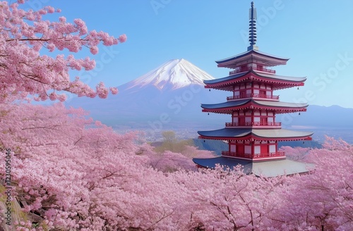 Cherry blossoms bloom near pagoda with Mount in the background during spring ...