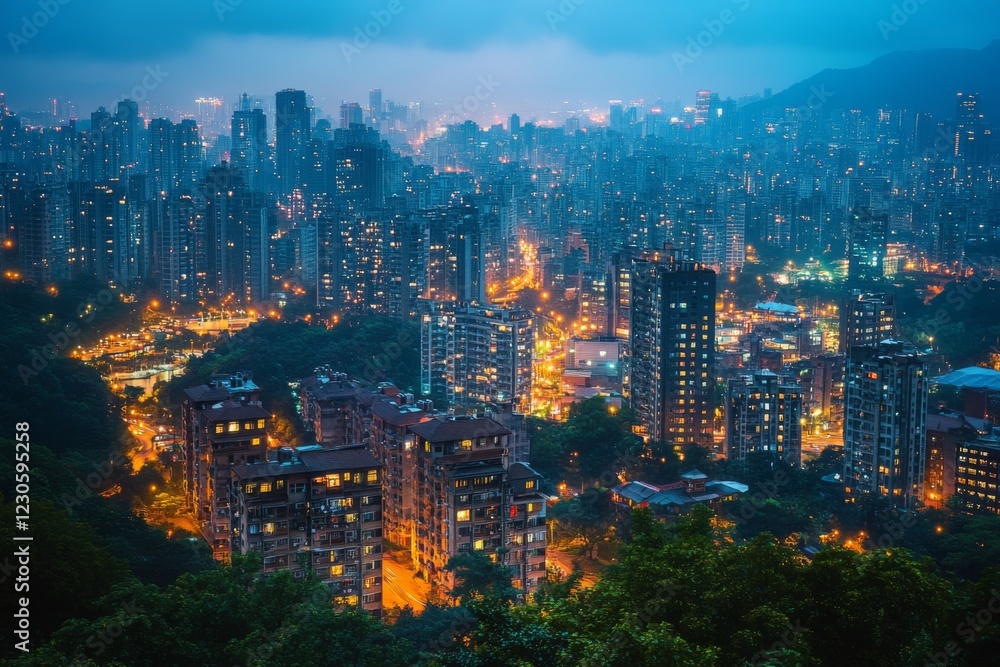 Aerial view of a bustling city at night with illuminated buildings Aerial view of a bustling city at night with illuminated buildings