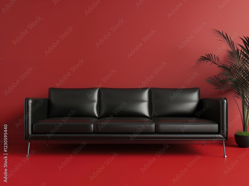 Black leather sofa in front of a red wall with a palm tree in the corner Black leather sofa in front of a red wall with a palm tree in the corner