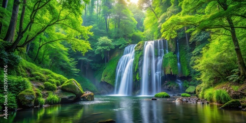 A serene waterfall cascades through a lush green forest in a secluded park with tall trees and vibrant foliage, forest landscape, waterfalls