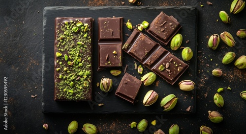 Chocolate bar and pieces with pistachios on a dark slate board