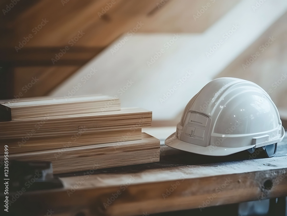 A white hard hat rests on a wooden workbench beside neatly stacked lumber. The image evokes a sense of craftsmanship and construction, ideal for projects related to building, carpentry, or safety. A white hard hat rests on a wooden workbench beside neatly stacked lumber. The image evokes a sense of craftsmanship and construction, ideal for projects related to building, carpentry, or safety.