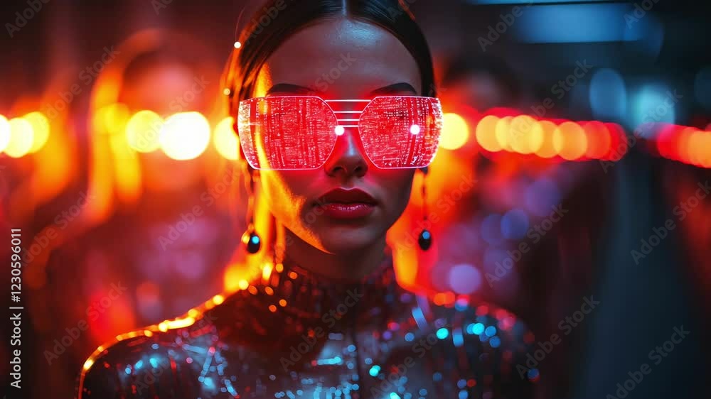 Futuristic woman with glowing cyberpunk glasses in neon lights. 4K video Futuristic woman with glowing cyberpunk glasses in neon lights. 4K video