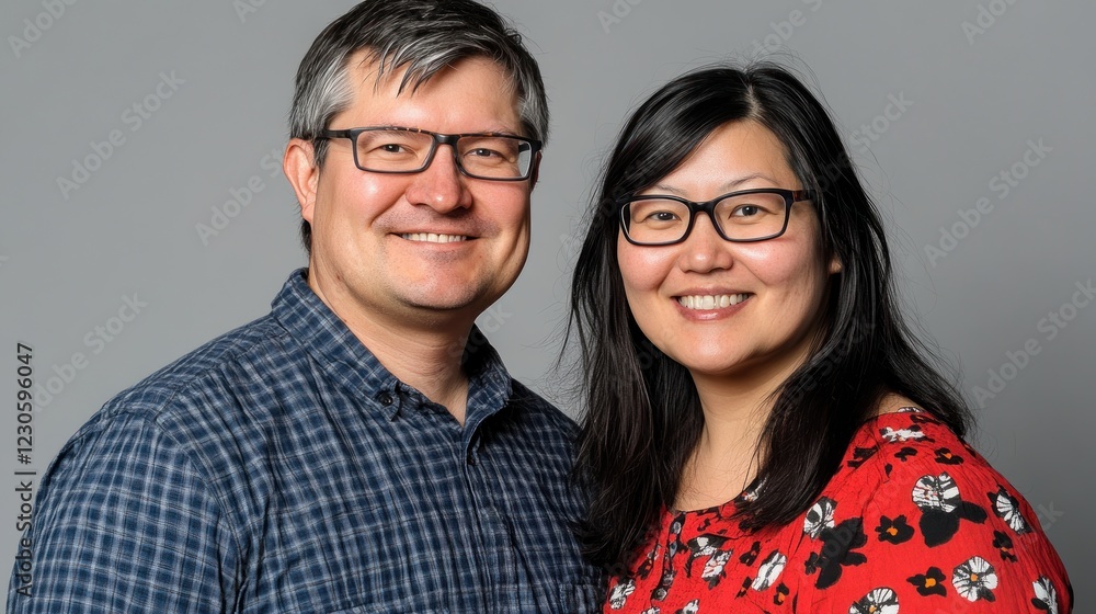 A smiling couple poses for a portrait together A smiling couple poses for a portrait together