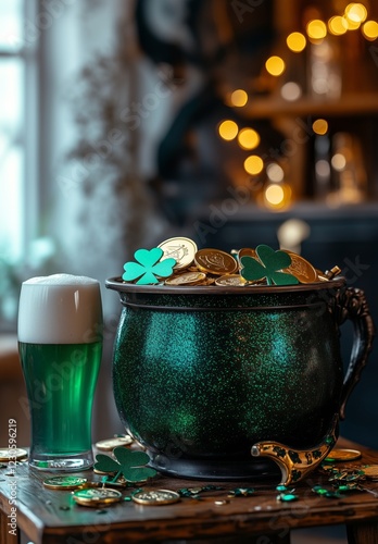 Green beer and pot of gold decor for St Patrick's Day celebration in a cozy s...