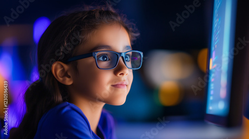 A young school student focuses intently on a computer screen, utilizing AI and machine learning tools to explore innovative technology and enhance learning experiences. young stude photo