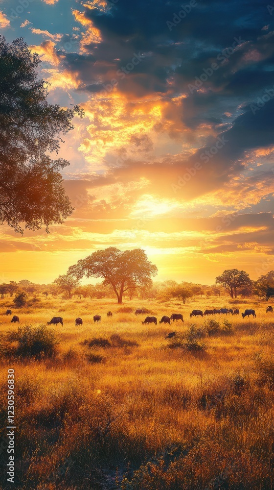 Obraz premium African savanna sunset herd grazing landscape